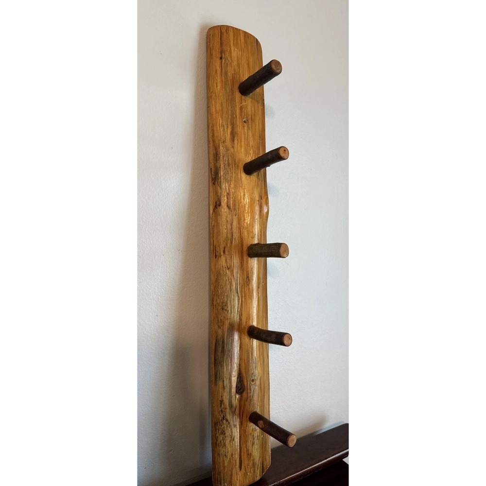 28" LOG Wall Mount Coat Rack 5 Wood Pegs Lodge Cabin Decor Branch Tree Primitive - Picture 2 of 16